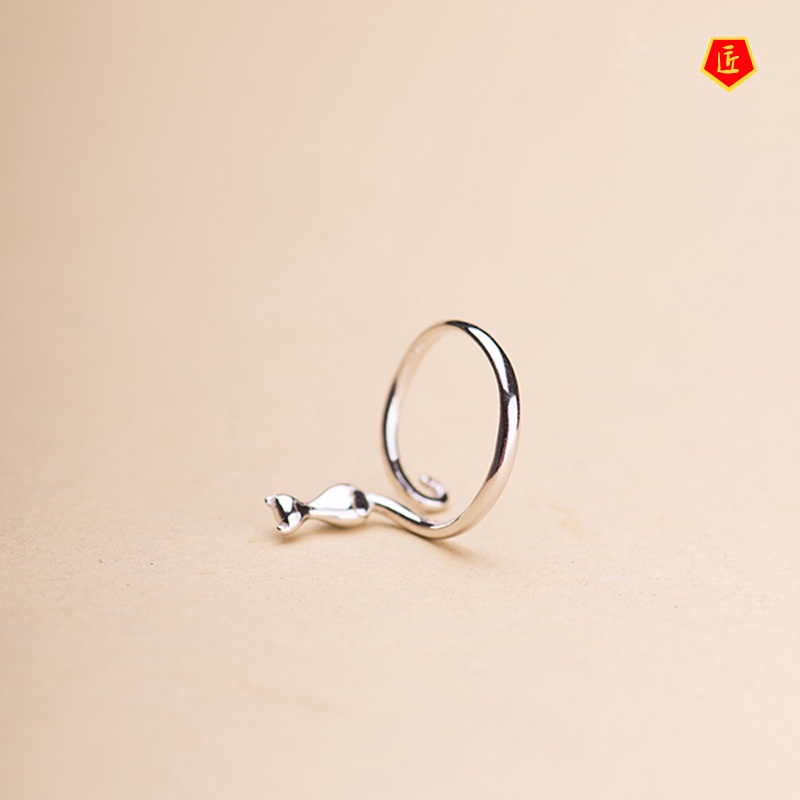 [Ready Stock]Cute Cat Kitten Tail S925 Silver Ring Women's Creative Arts Temperament