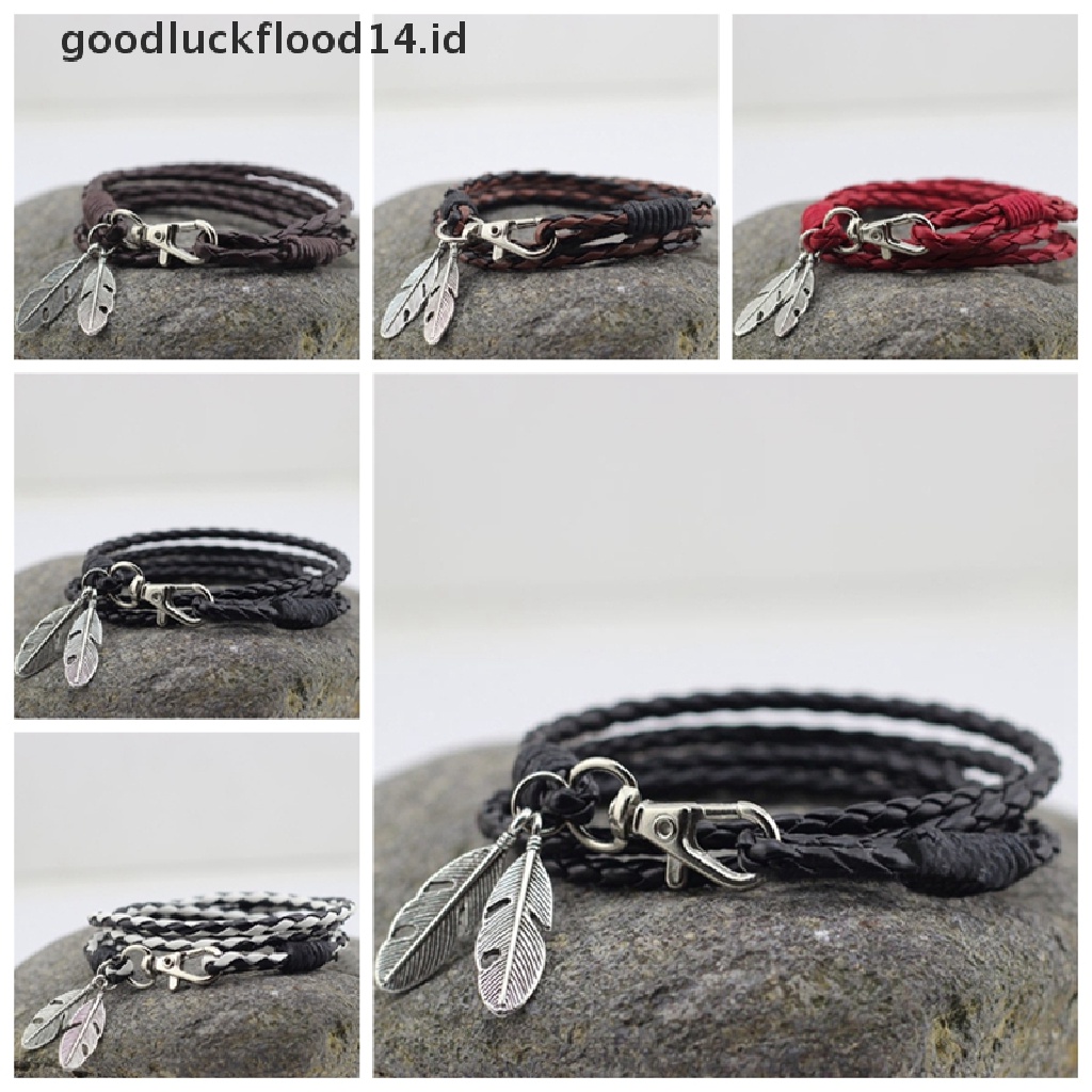 [OOID] Fashion New Bangles Men Jewelry Accessories PU Leather Feather Charm Bracelets ID