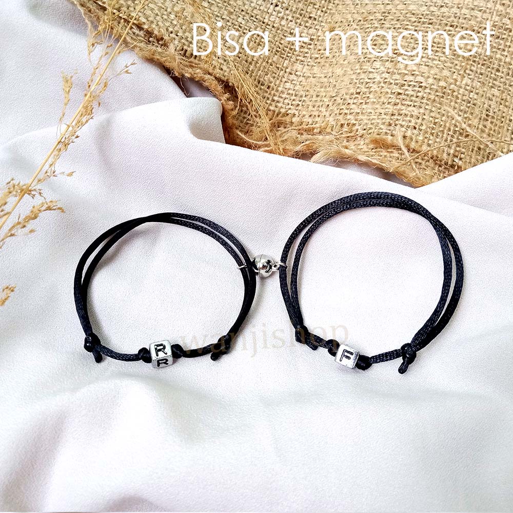 Gelang Couple Nama INISIAL MOTE SILVER KOTAK TALI SATIN Cina Custom