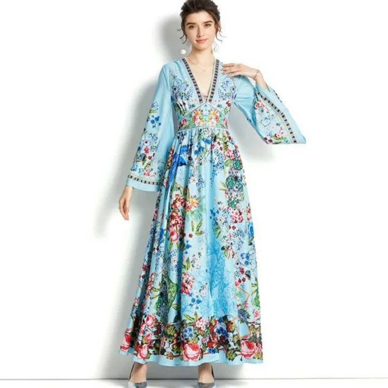 Pakaian Baju Maxi Dress lengan panjang model kimono motif bunga-bunga leher kerah Vi Neck mewah eleg