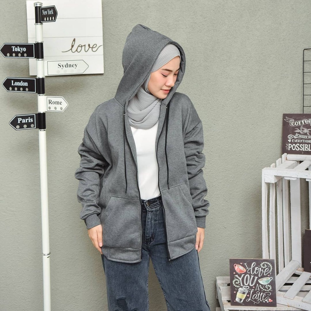 Hoodie Tudung Zipper Dark Grey Color Cewek Cowok Unisex Fit To XXL ld 130CM