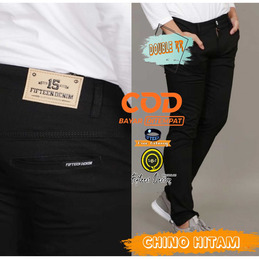 CELANA PRIA CHINO HITAM Slim fit Panjang Pria Kerja kantor Santai Liburan Cowok Original Fifteen Denim