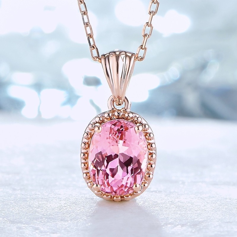 [Ready Stock]Fashion Inlaid Pink Crystal Pendant 18K Rose Gold Plated Necklace