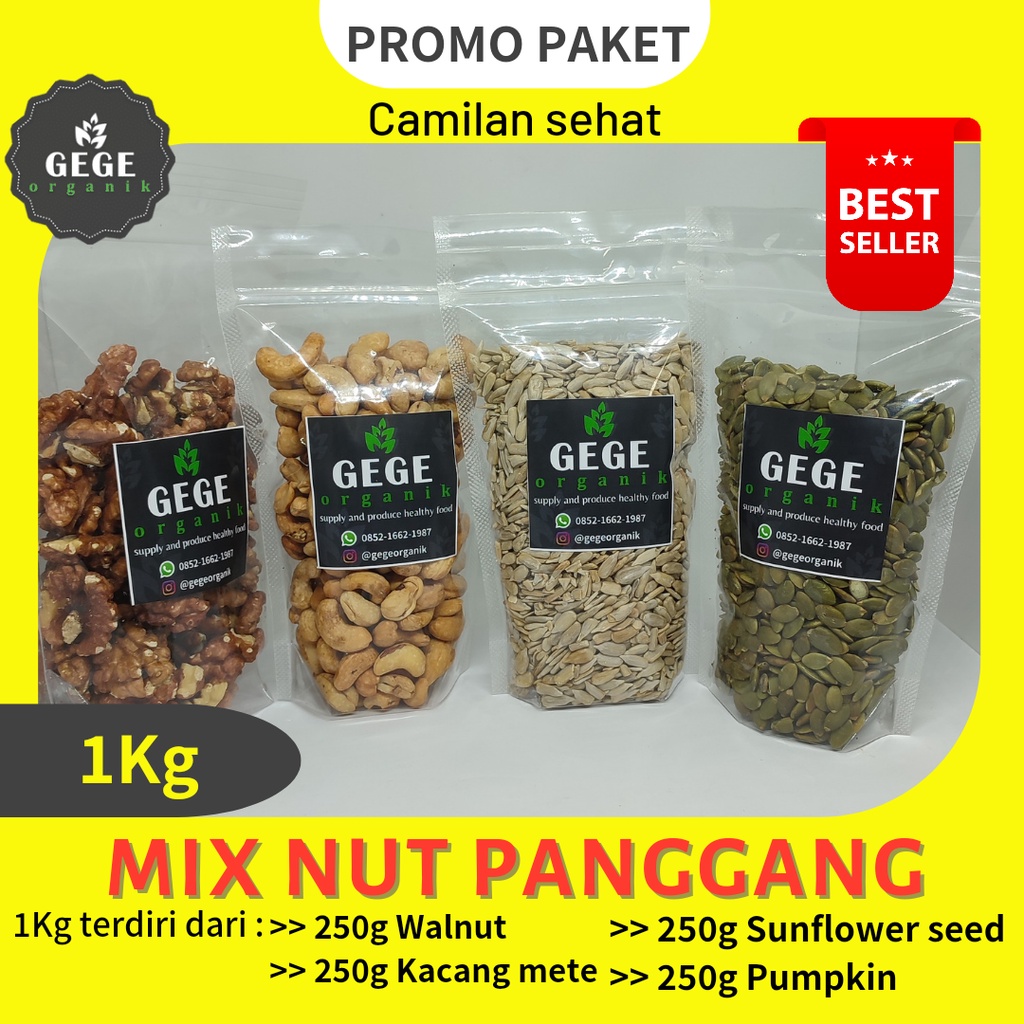 

Promo paket mix nut panggang walnut, kacang mete/mede, kuaci/biji bunga matahari/sunflower seed, biji labu/pumpkin seed 1kg