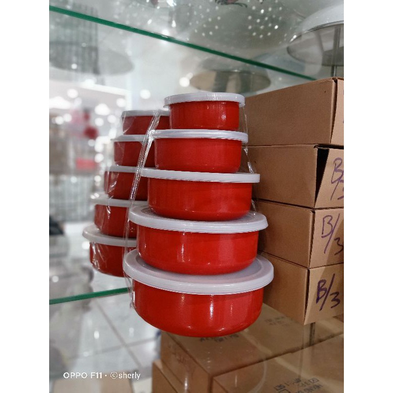 MIXING BOWL SET WARNA POLOS ENAMEL MANGKOK BEKAL TUTUP PLASTIK