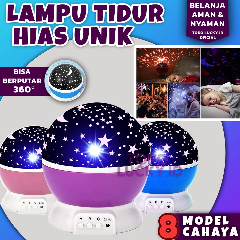 Lampu Tidur Proyektor Aesthetic 360 Rotasi 8 Mode LED Kamar Karakter Bulan Bintang
