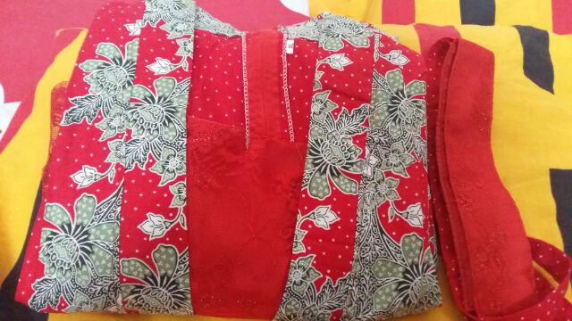 Qnunbatik Sarimbit/couple Batik Dress/terusan Kd Melati Dasar Warna Merah