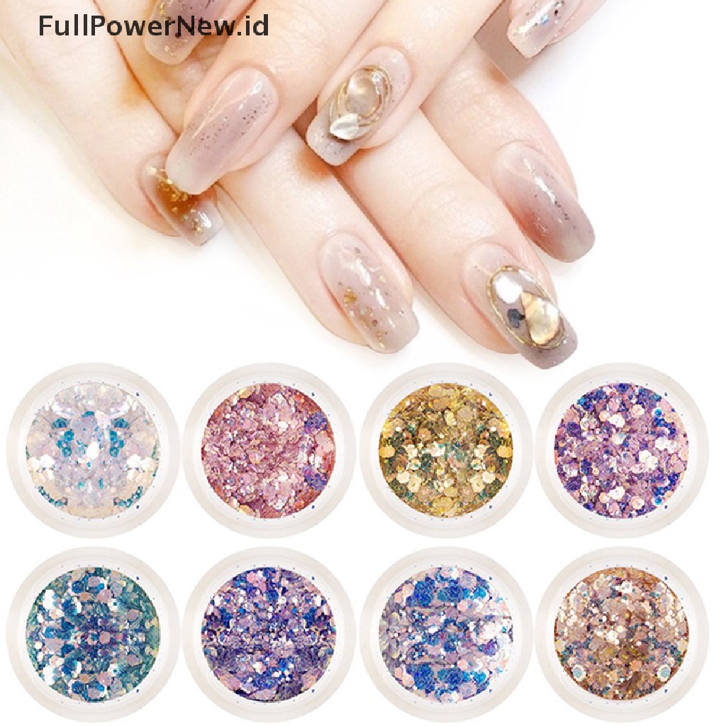 Set Botol Bubuk Glitter Holografik Bentuk Hexagon Warna Emas Untuk Nail Art