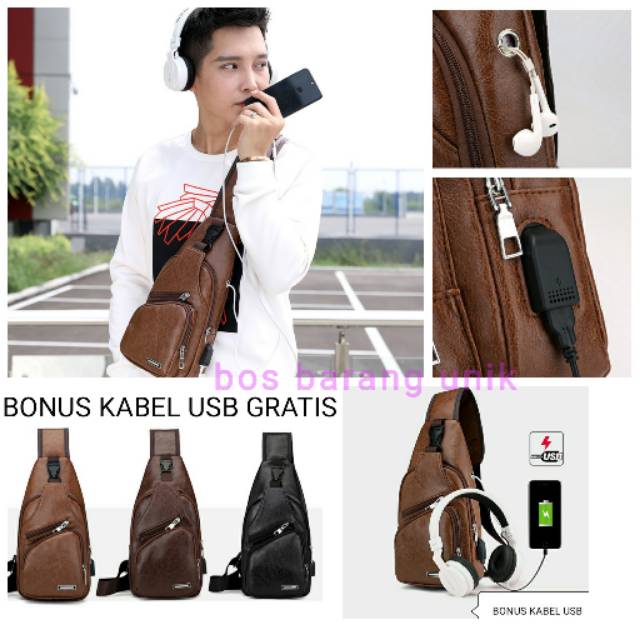 Tas Selempang kulit pria USB Best Seller di bahu dan dada sling bag chest bag kualitas impor