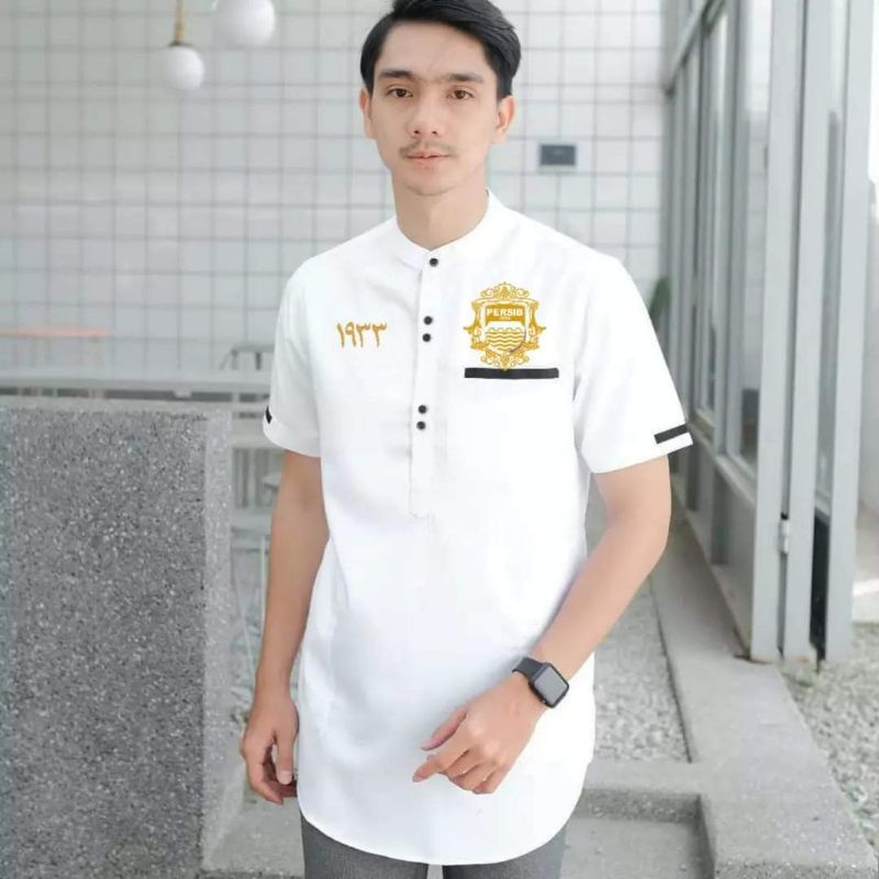 Baju koko persib bandung pria dewasa lengan pendek putih hitam baju atasan fashion muslim terbaru