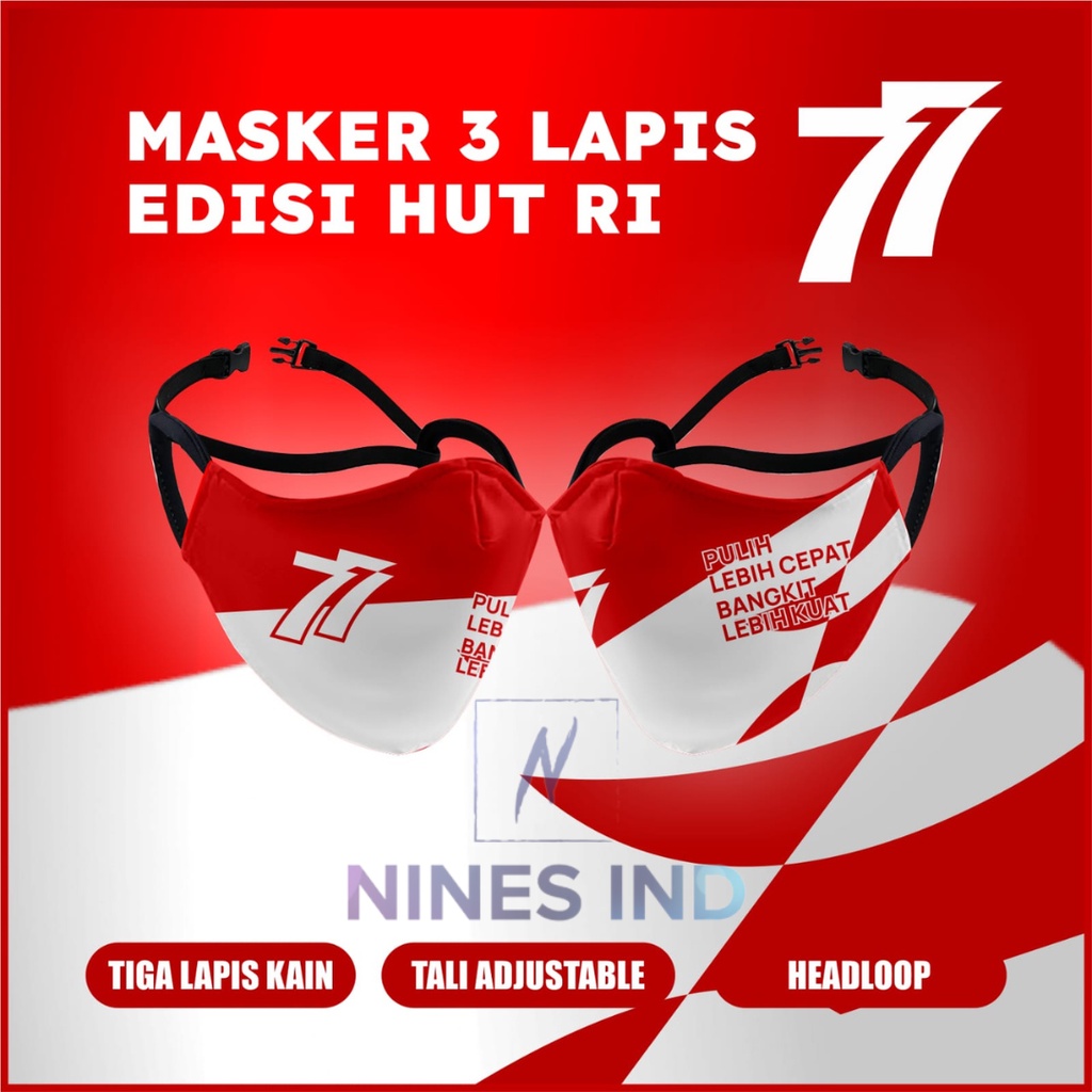 Masker 3 lapis full printing hut ri ke 76 / Masker 17 agustus / Masker Tali Headloop / Masker Hijab