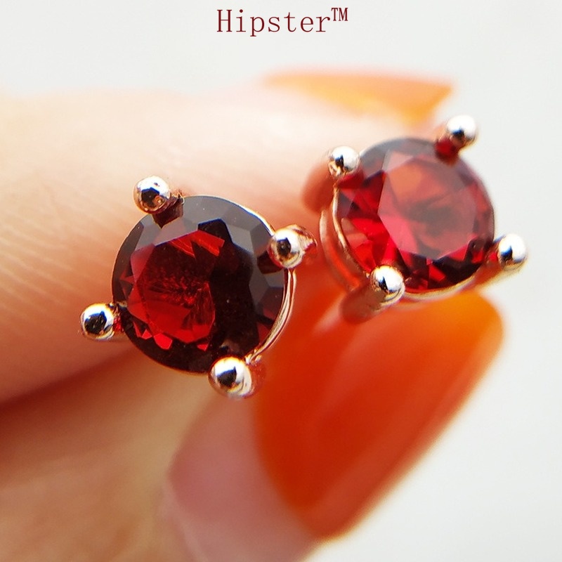 Simple Artistic Natural Red Crystal Gemstone Diamond Stud Earrings