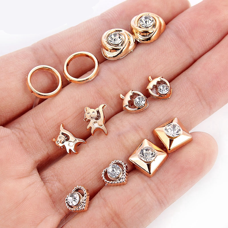 36Pairs Gold Silver Flower Stud Earring,Crystal Bear Heart Earrings, Mixed Styles Stud Earrings