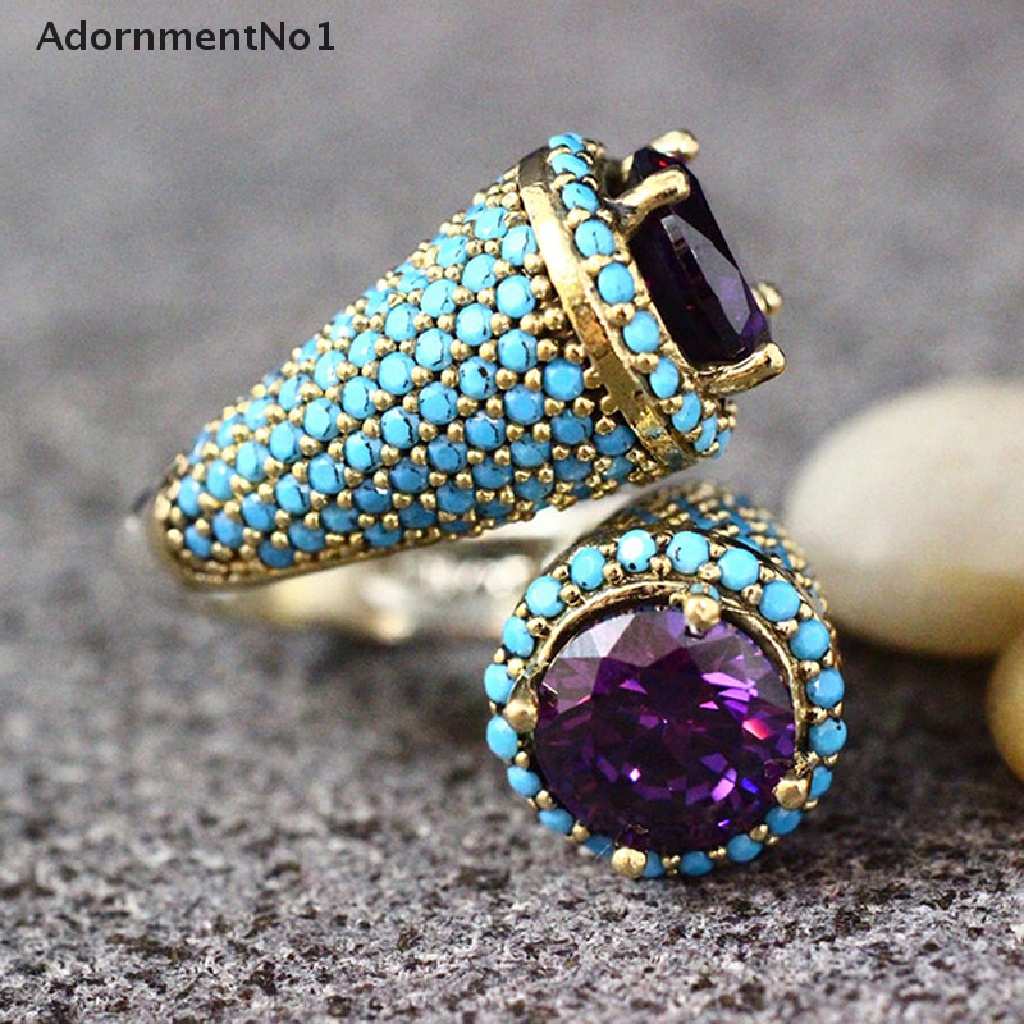 (AdornmentNo1) Cincin Terbuka Gaya Retro Aksen Batu Turquoise + Zircon Ungu Untuk Perhiasan Wanita