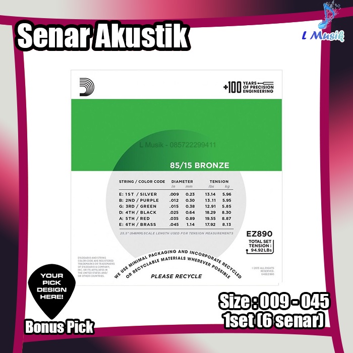 SENAR GITAR D ADDARIO AKUSTIK EZ890 85/15 BRONZE -  ORIGINAL ACOUSTIC GUITAR STRINGS