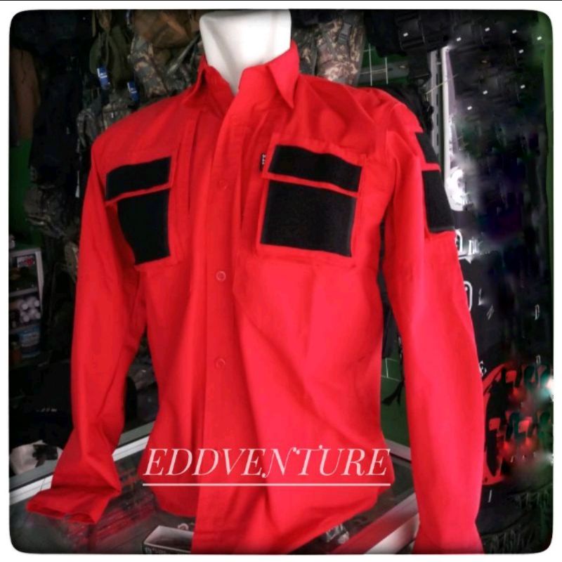 Baju Kemeja Polos Pria Tangan Lengan Panjang Kemeja Drone Ripstop Velcro Tactical Outdoor Warna Merah Terang