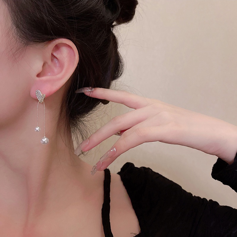 Anting Gantung Panjang Model Hati Dengan Rumbai Mutiara Bahan silver 925 Untuk Wanita