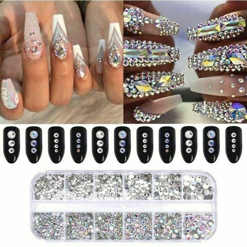 12 Grid / Kotak Kristal Berlian Imitasi Glitter 3D Bentuk Persegi Panjang Untuk Dekorasi Nail Art