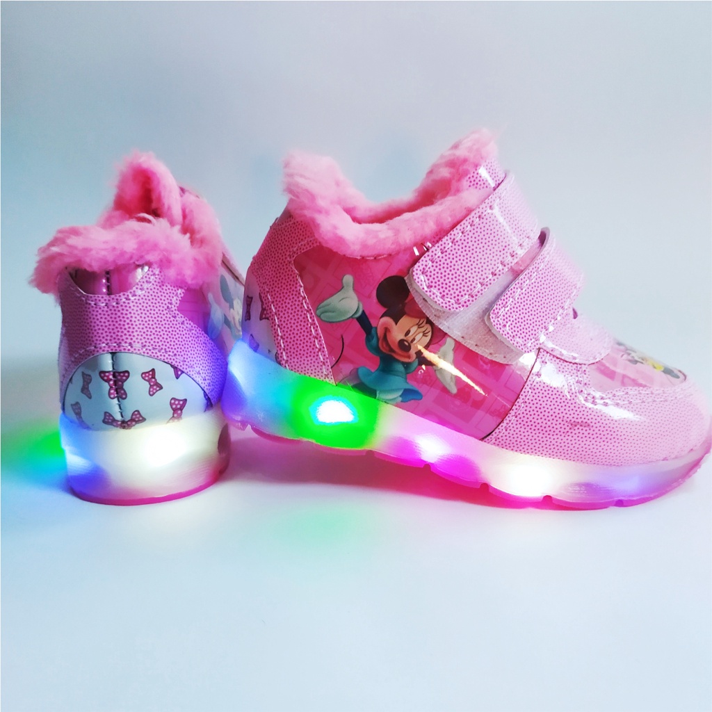 Sepatu Sneakers Anak Perempuan LED MICKEY Boot bulu / Sneakers Anak MENYALA Best Seller