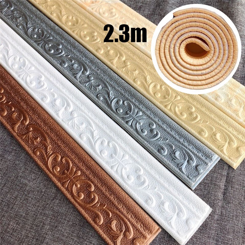 2.3m * 4.8cm DIY Perekat Diri Anti-Tabrakan Skirting Stiker Dinding/3D Pola Stereo Timbul Busa Alas Tiang Stiker Dinding/Busa Lantai Pinggang Garis Skirting Papan Wallpaper Stiker