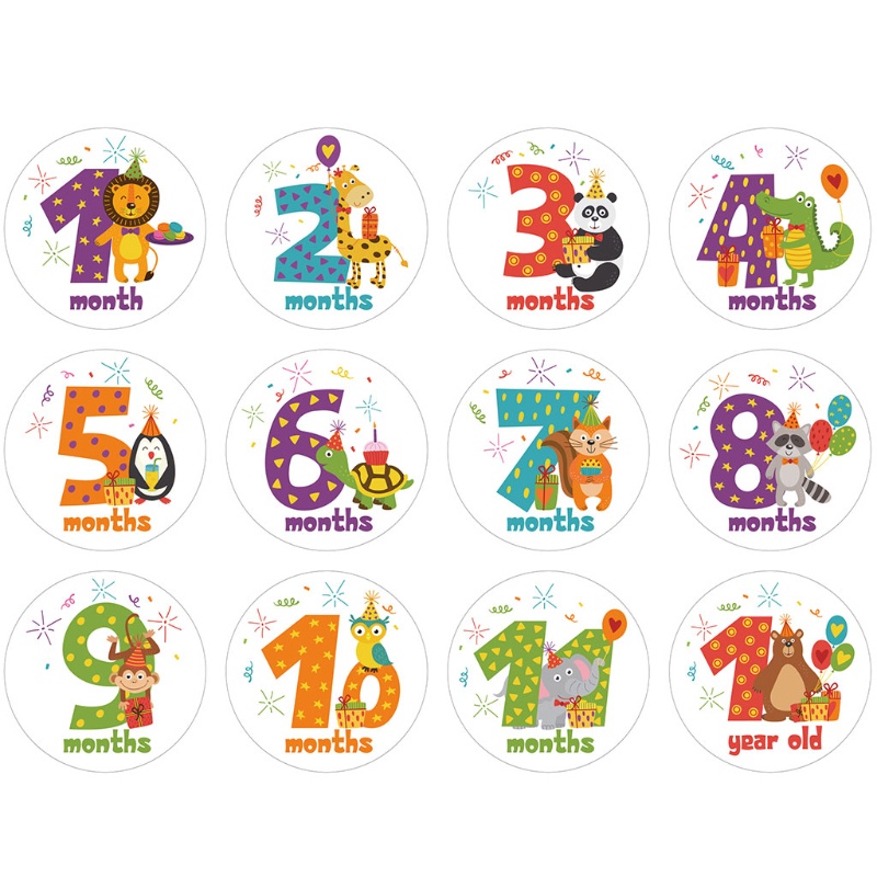 Mary 12pcs / Set Stiker Peringatan Bulanan Bayi Motif Kartun Hewan Untuk Properti Fotografi