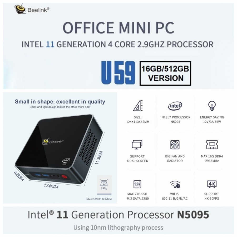 Mini PC Beelink U59 16/512GB SSD Intel N5095 JasperLake Windows 11 Pro