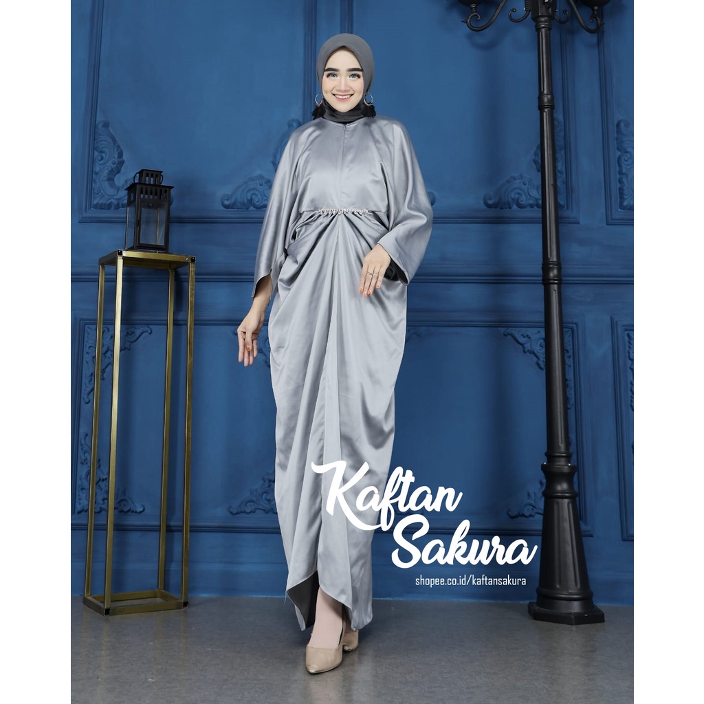 kaftan wanita muslim busui terbaru payet belt elegant warna hitam cantik termurah lebaran