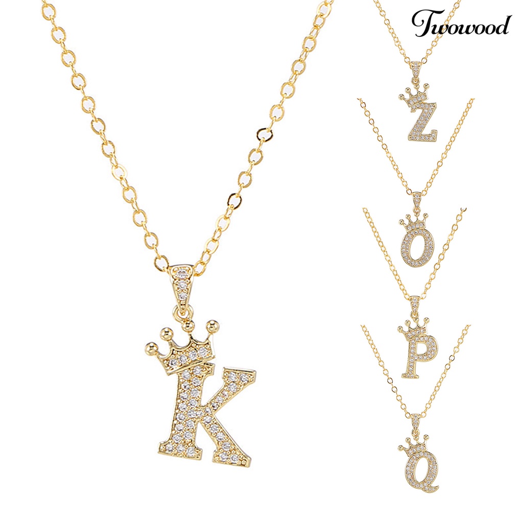 Twowood Letter Necklace Rhinestone Crown Letter Pendant Adjustable Chain Women Necklace for Gift