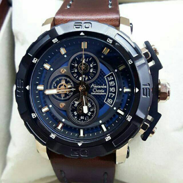 Jam Tangan Pria Alexander Christie AC 6439 Men Black Soft Rosegold Tali Kulit Coklat Original