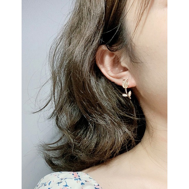 LRC Anting Tusuk Fashion Golden Rose Opal Alloy Hollow Earrings K49010