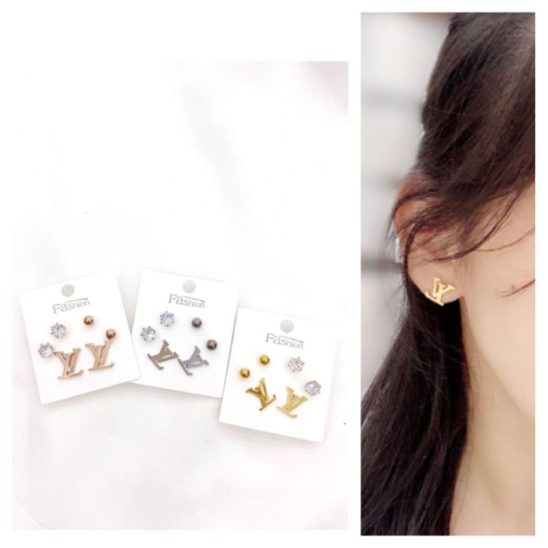 Anting Titanium Asli Set isi 3 pasang anting Anti karat anti alergi Premium Quality Stainless steel ori Premium 770