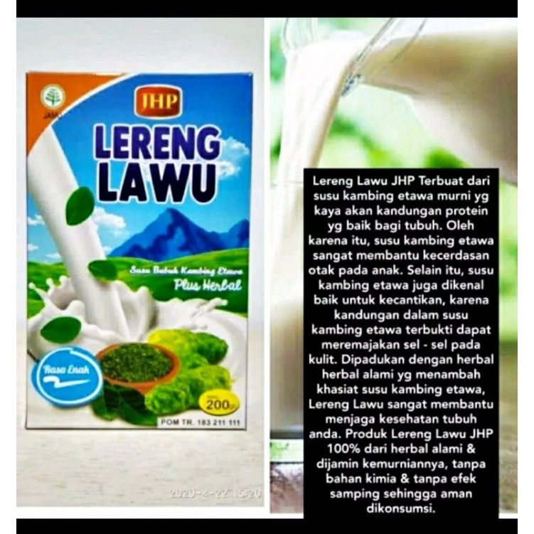 

SUSU KAMBING ETAWA JHP LERENG LAWU 200gr SATU PABRIK DENGAN GOMILK