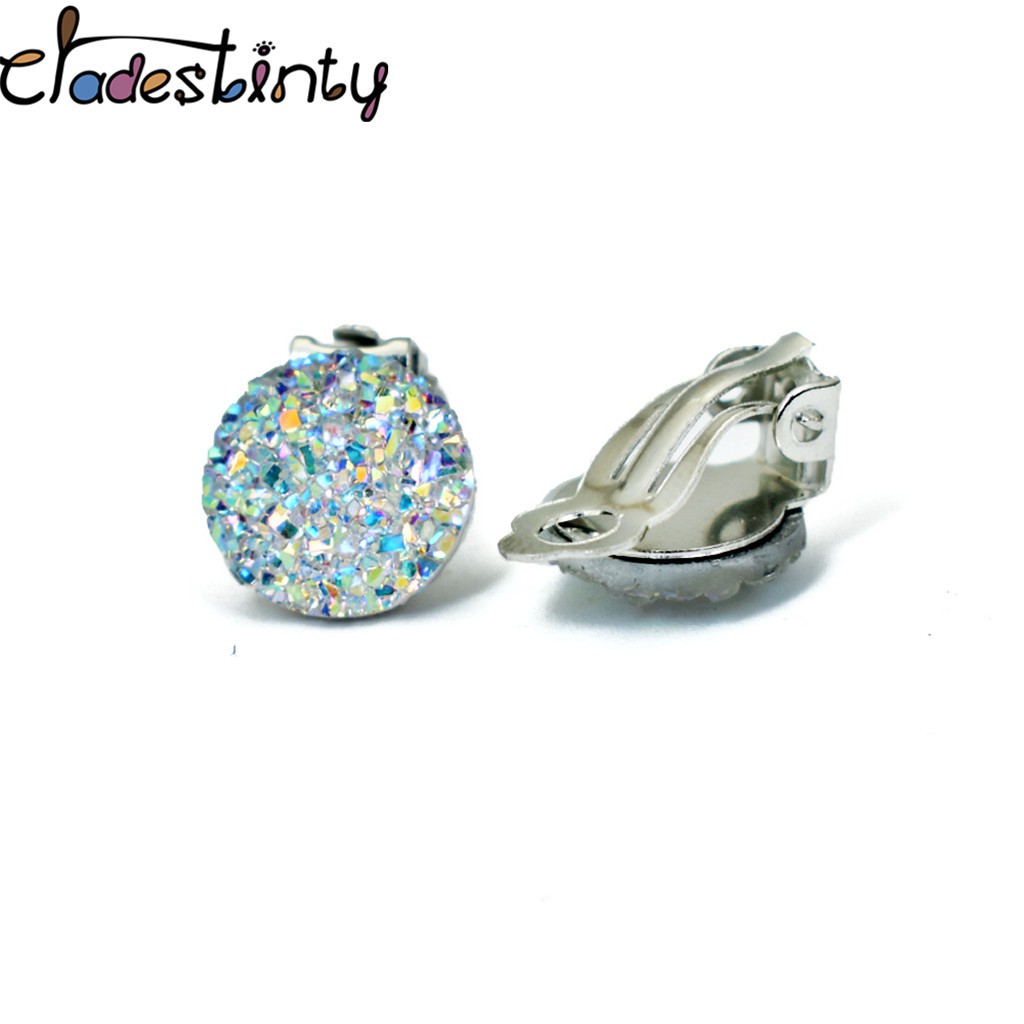 Chadestinty Anting Klip Tanpa Tindik Bentuk Bulat Bahan Resin Warna Silver / Biru / Putih Untuk Wanita