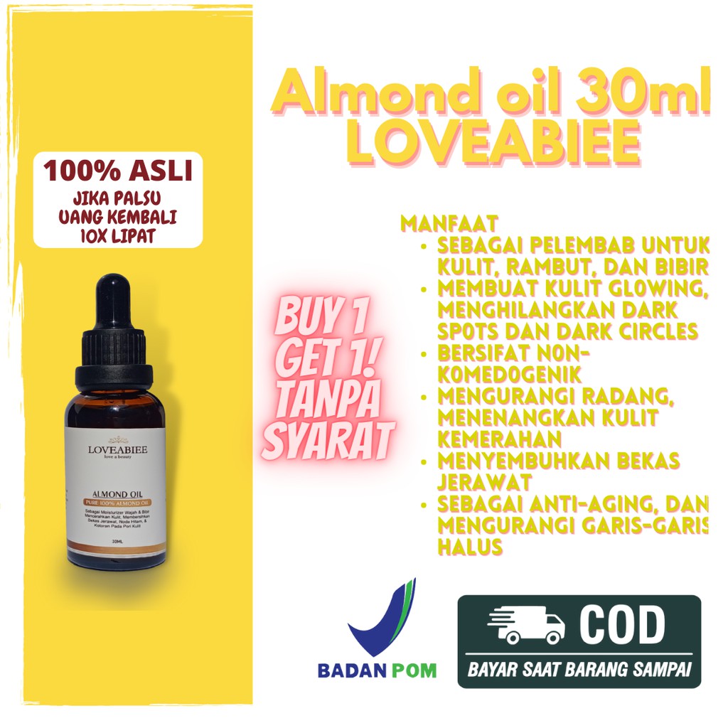 Almond oil 30ml buy1get1 untuk Glowing non komedogenik radang menenagnkan kulit kemerahan anti aging