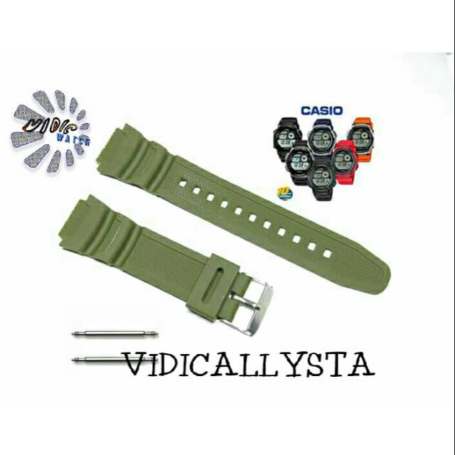 STRAP CASIO AE 1000 1100 SGW 300 400 450 500 WS 200 210 HIJAU ARMY FREE PEN