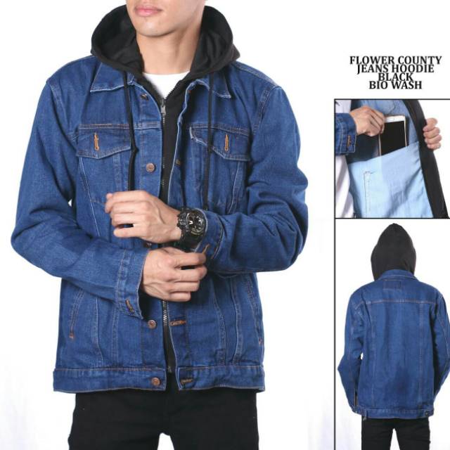 Jaket jeans hoodie pria doble zipper