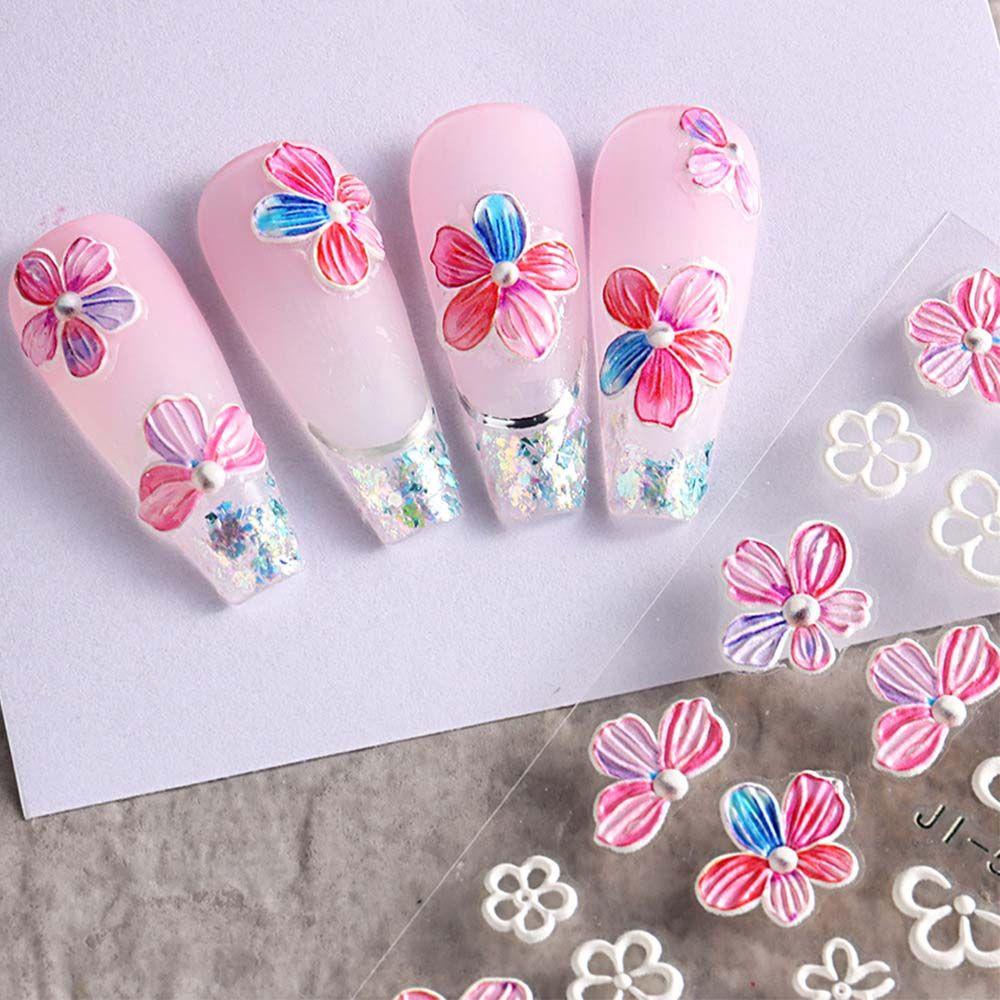AUGUSTINA Agustina Bunga Stiker Kuku 5D Relief Alfabet Inggris Daun Self Adhesive Nail Art Dekorasi