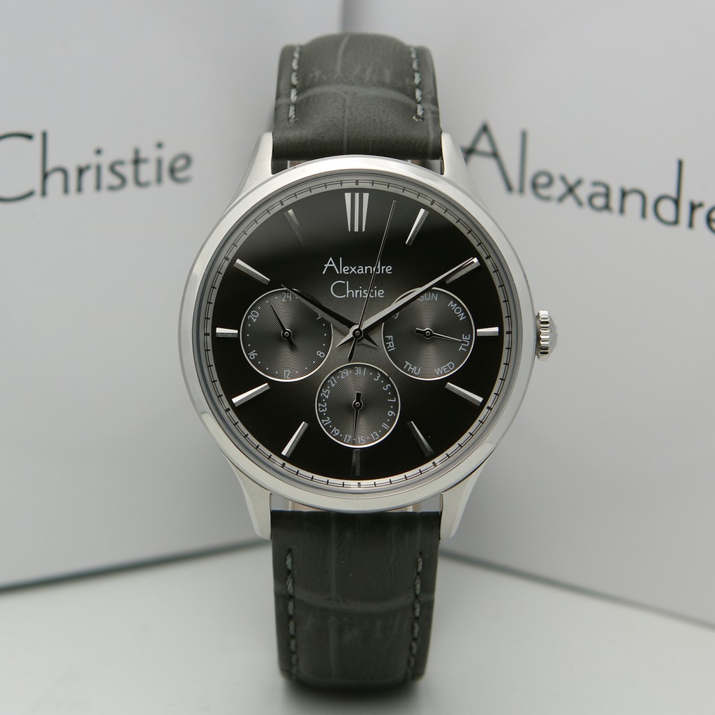 Jam Tangan Pria Alexandre Christie AC 6569 MF LSSBA Chronograph Silver Leather Grey Original