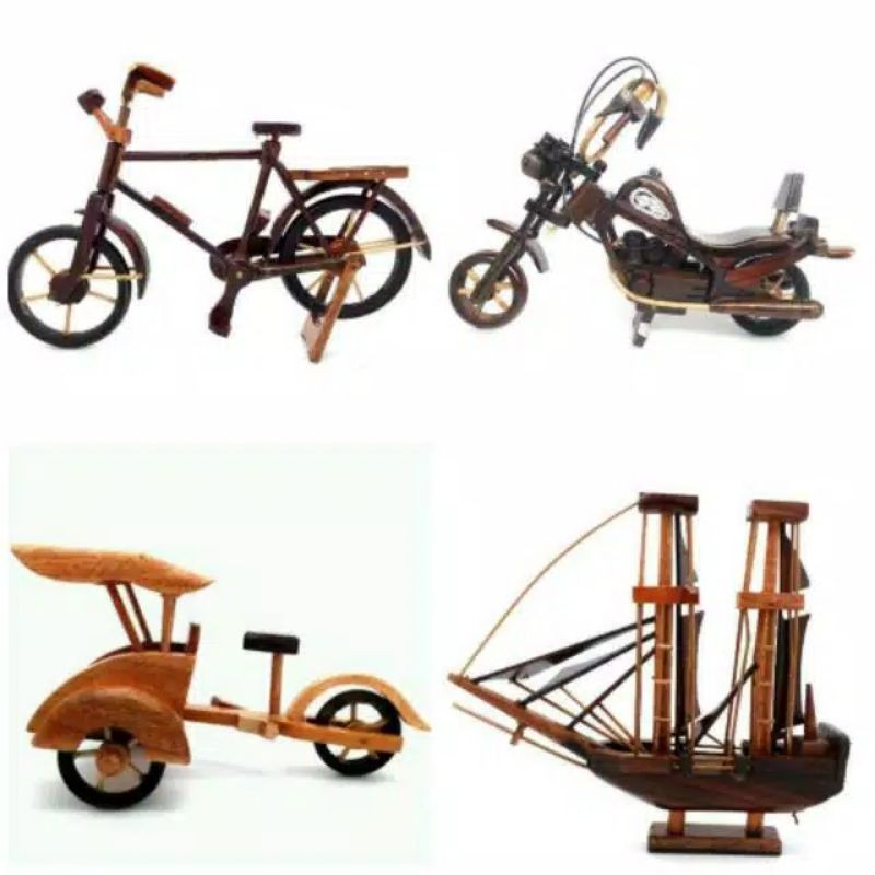 Paket isi 4 pcs - Miniatur dari kayu Harley Sepeda Onthel Becak Kapal Pinisi