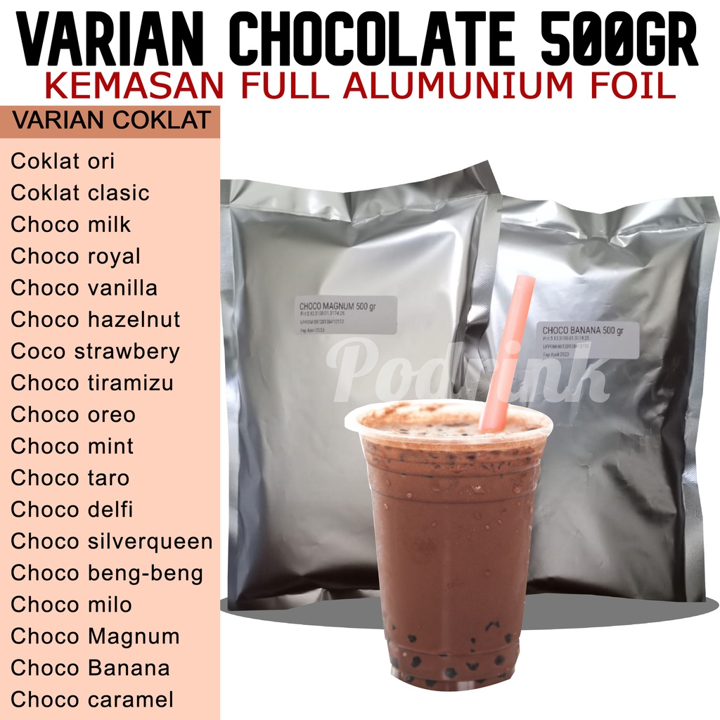 

Bubuk Minuman 500gr Murah Varian Coklat Untuk Boba, Esblend, Jellydrink dsb (mix gula)