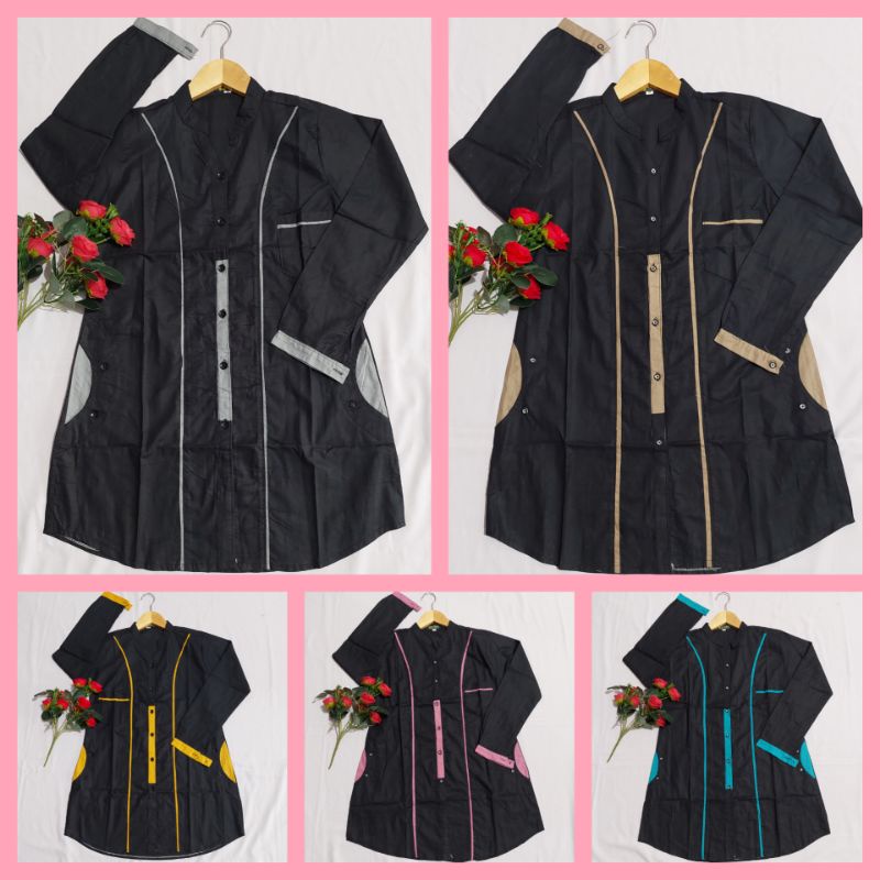 ATASAN SANTRI PUTRI HITAM PLAT WARNA/BAJU SANTRIWATI/ATASAN SANTRI HITAM LIS WARNA