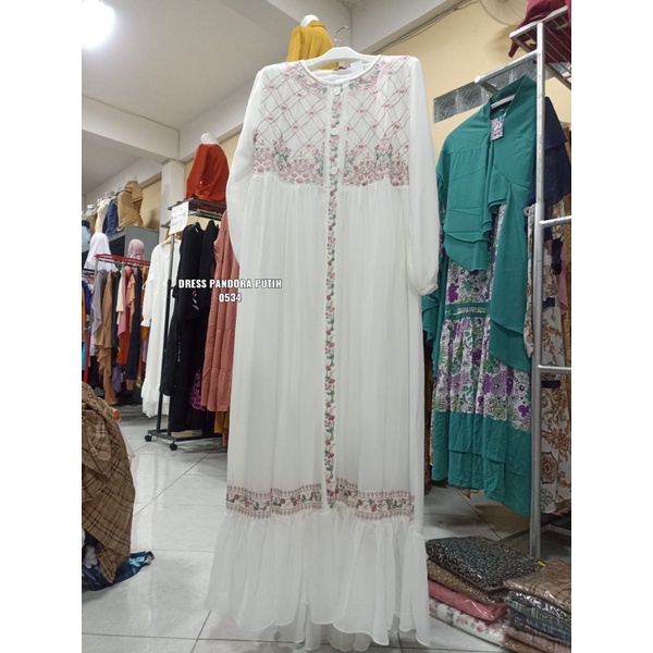 Dress Pandora Putih Bordir Bunga Pink | Gamis Pandora Putih Bordir Bunga Pink