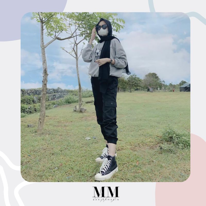 Joger Cargo Pants / Joger Kargo Wanita / Celana Kantong Samping / Outfit Naik Gunung