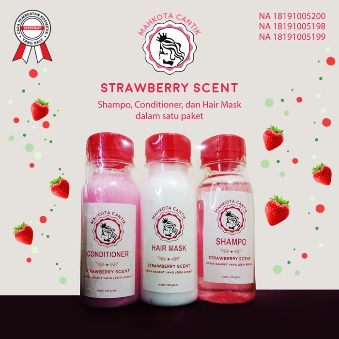 Paket strawbery Shampo condisioner hair mask mahkota cantik bpom