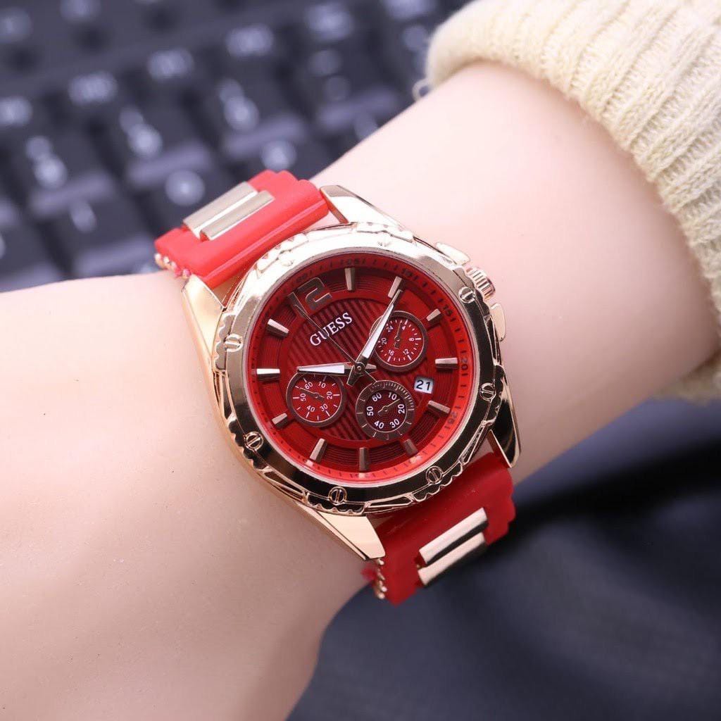 Best Selller (COD) JAM TANGAN FASHION WANITA MURAH GUESS TALI RUBBER TANGGAL AKTIF  | JAM TANGAN MURAH-FREE BOX &amp; FREE BATERAI