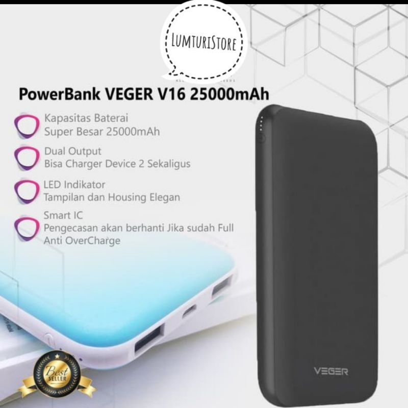 Bluekomputer - Power Bank Powerbank VEGER 25000mAh V16 Slim 2USB Output