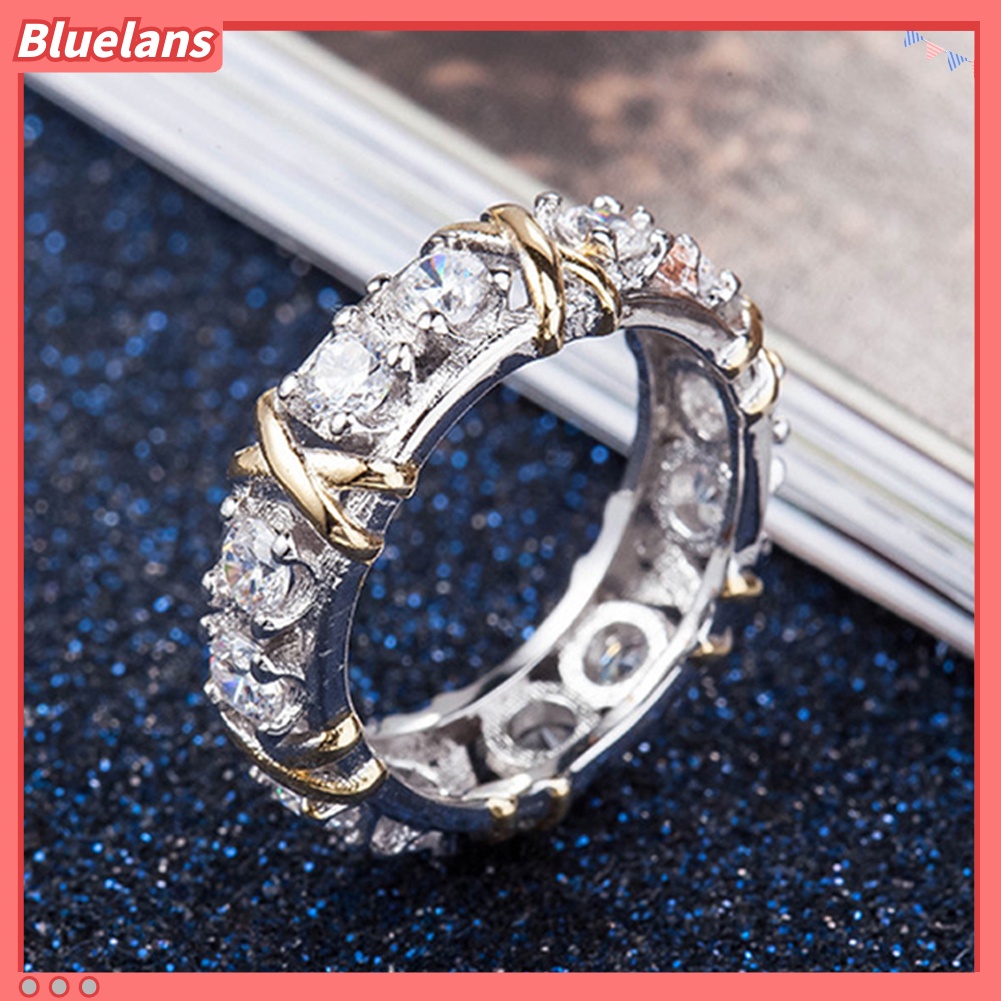 Bluelans Cincin Lapis Emas Putih Model Silang Hias Kubik Zirkonia Untuk Wanita