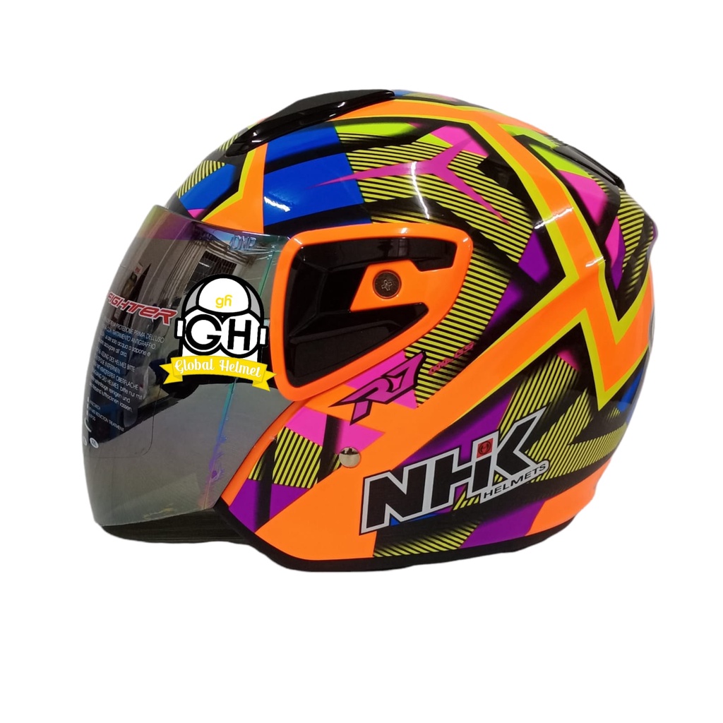 Helm NHK R7 Aurora Orange Flo Half Face Single Visor Rainbow - Helem Motor SNI DOT Touring Dewasa Pria Wanita Cewek Cowok Helmet Keren Terbaru Original