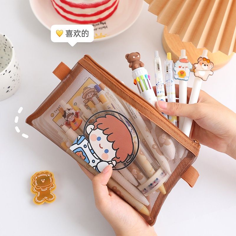 [COD] Tempat Pensil Lucu Cute Model Jaring Transparan Coklat dan Multicolour Cute Import Kekinian