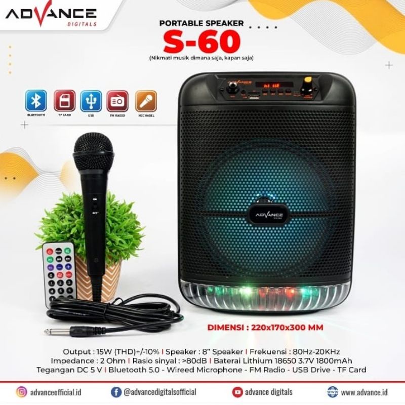 Advance S=60 Speaker Bluetooth 8Inchi Plus Mic Karaoke/Speaker Wireless Radio Fm/Salon Aktif Portable Etra Power Sound